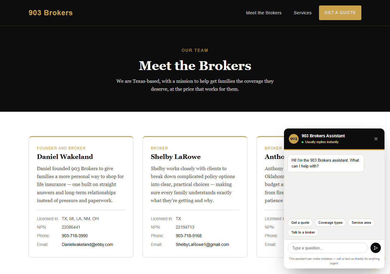 903 Brokers AI chat assistant on the live site