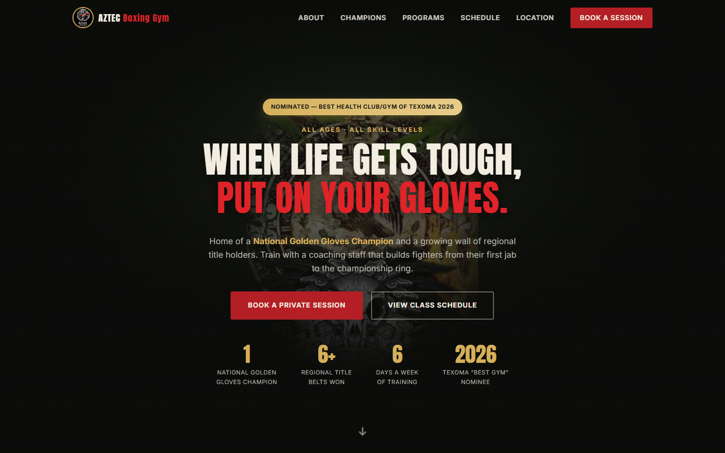 Aztec Boxing Gym website homepage